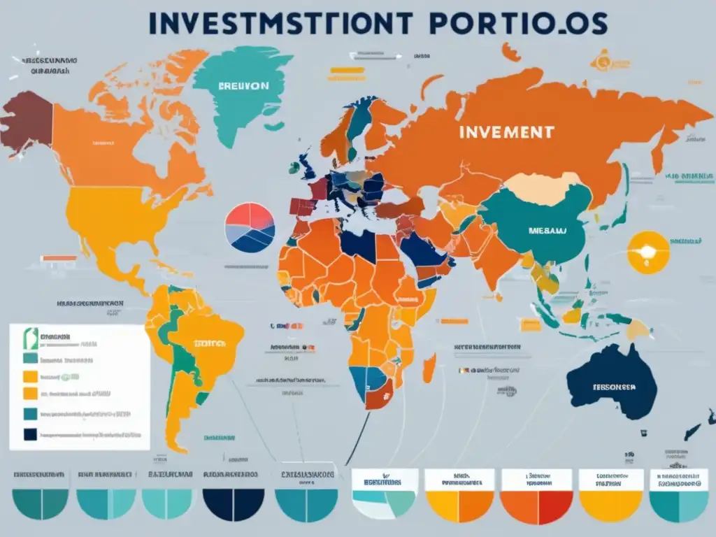 Diversificación de inversiones y análisis geopolítico Mapa mundial con regiones resaltadas, inversiones diversificadas