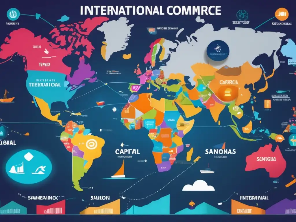 Mapa mundial de comercio e impacto de sanciones internacionales Mapa mundial con rutas comerciales y centros económicos destacados, reflejando impactos de sanciones