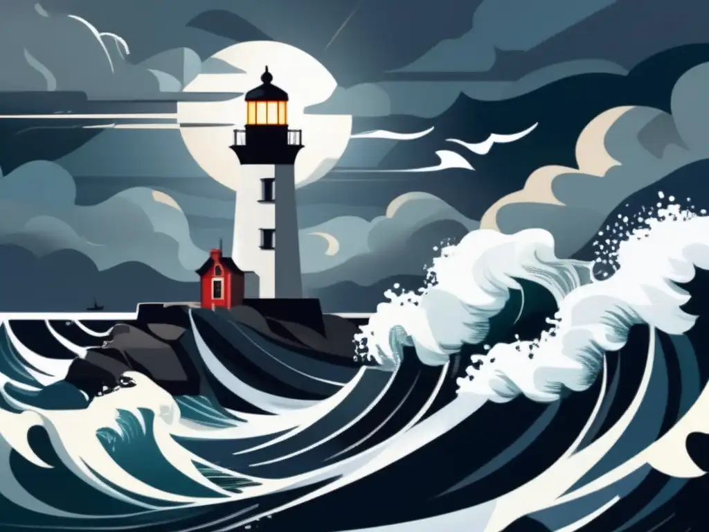 Tormenta en el mar y faro guía Ilustración moderna: mar tormentoso, lighthouse guía, Brexit incertidumbre, inversiones estratégicas