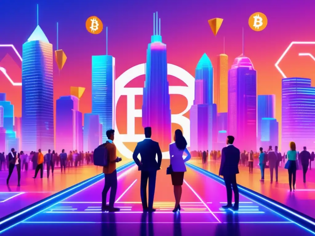 Futuro de criptomonedas y regulaciones Evolución del marco legal cripto: Futurista ciudad cripto con rascacielos virtuales iluminados y personas discutiendo regulaciones