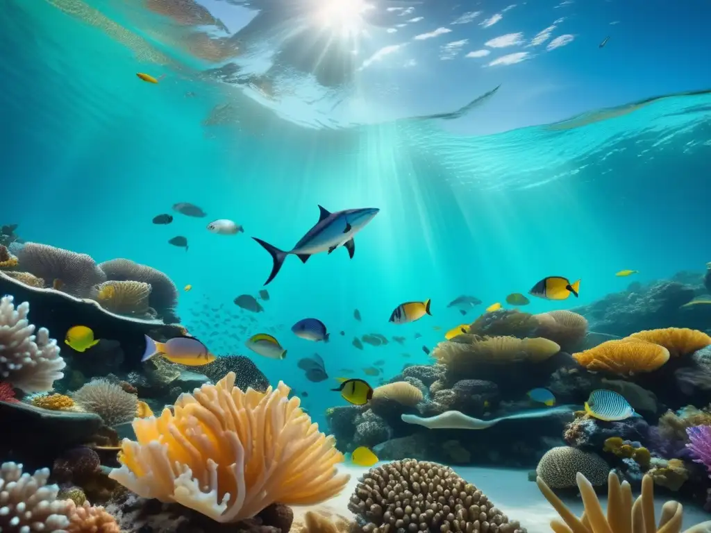 Oportunidades en commodities marinos Invertir en commodities marinos: imagen 8k de vida submarina, peces brillantes, corales majestuosos, barco pesquero y plataformas petroleras