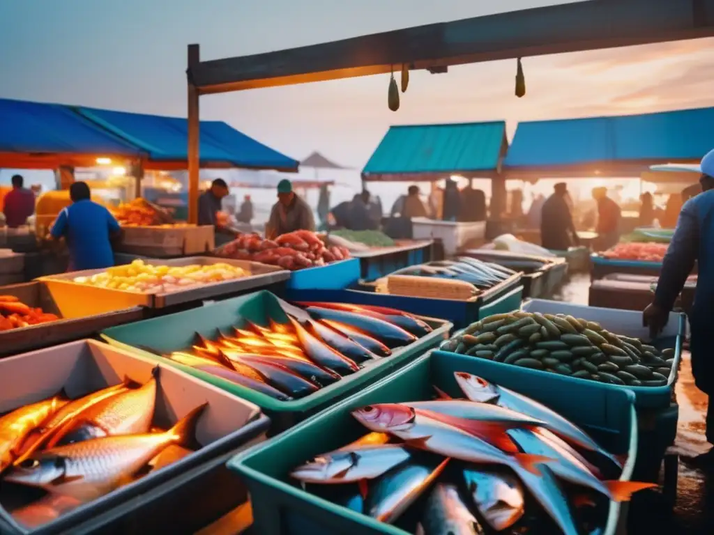 Mercado de pescado vibrante al amanecer Invertir en commodities marinos: Mercado de pescado vibrante al amanecer con pescadores descargando su pesca y clientes seleccionando mariscos frescos