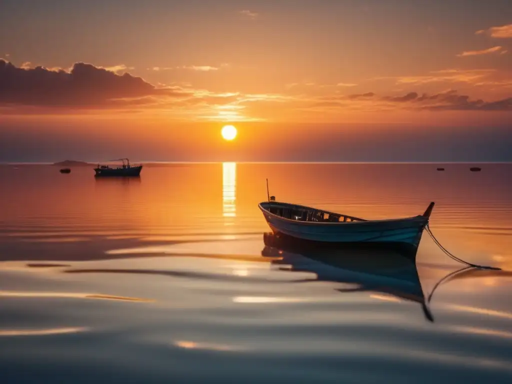 Océano al atardecer con barco de pesca Invertir en commodities marinos: Oportunidades y tranquilidad al atardecer en el océano