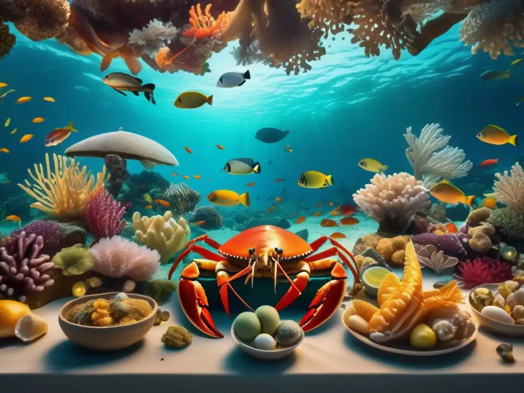 Exuberante escena submarina con vida marina y mariscos Invertir en commodities marinos: Escena submarina 8k ultradetallada con arrecife de coral, peces coloridos y mariscos deliciosos