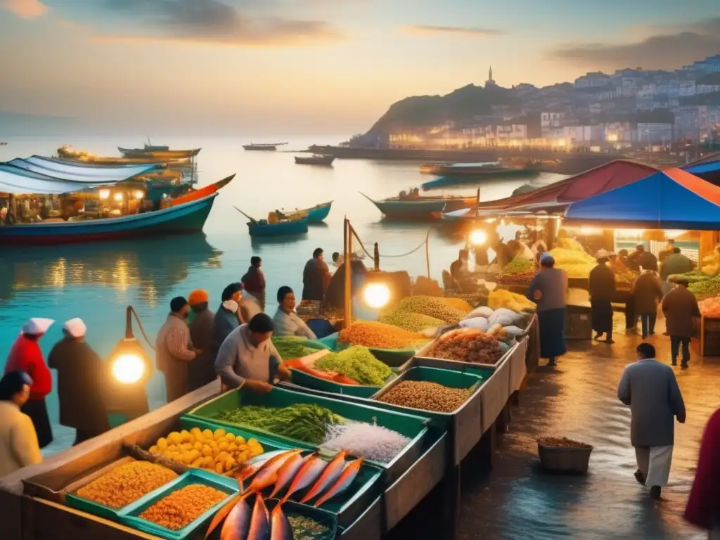 Mercado pesquero vibrante y colorido Invertir en commodities marinos en un vibrante mercado de pescado costero, lleno de oportunidades y diversidad