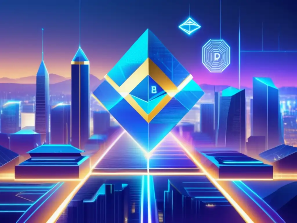La evolución de los mecanismos de consenso en criptomonedas Evolución mecanismos consenso criptomonedas: Futurista ciudad con blockchain, circuitos, eficiencia energética y seguridad