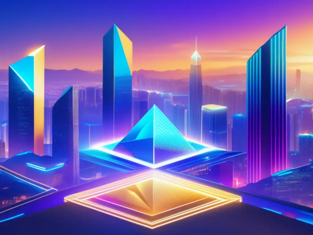 Evolución de consensos en criptomonedas Evolución mecanismos consenso criptomonedas: Imagen 8K muestra paisaje futurista con pilares de DPOS, DPoW y Proof of Burn