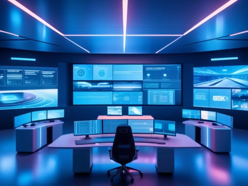 Sala de control futurista con tecnología avanzada Medidas antilavado de dinero: Control room futurista de vigilancia con IA y sistemas avanzados