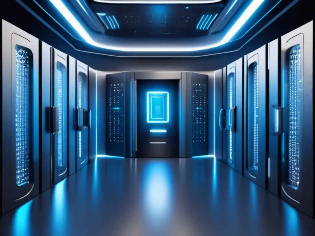 Segura bóveda futurista con alta tecnología Medidas antilavado de dinero en exchanges: moderno y seguro vault con tecnología avanzada para proteger los fondos de los usuarios