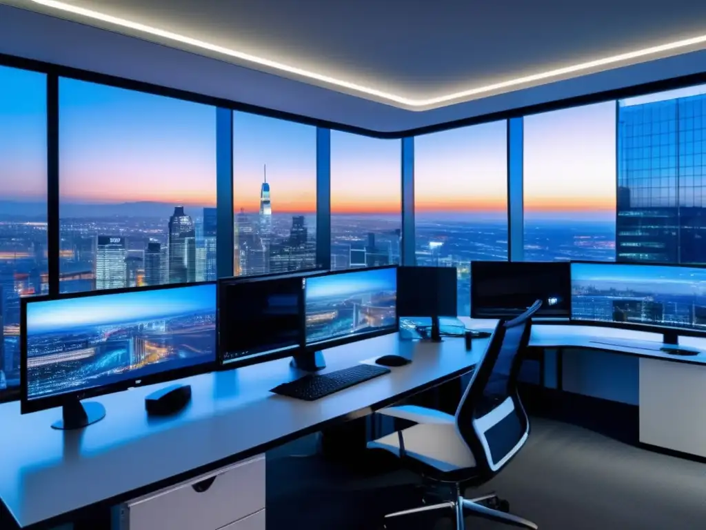 Oficina moderna con seguridad avanzada Medidas de seguridad tecnológicas esenciales en una oficina moderna con vistas panorámicas a la ciudad y alta tecnología