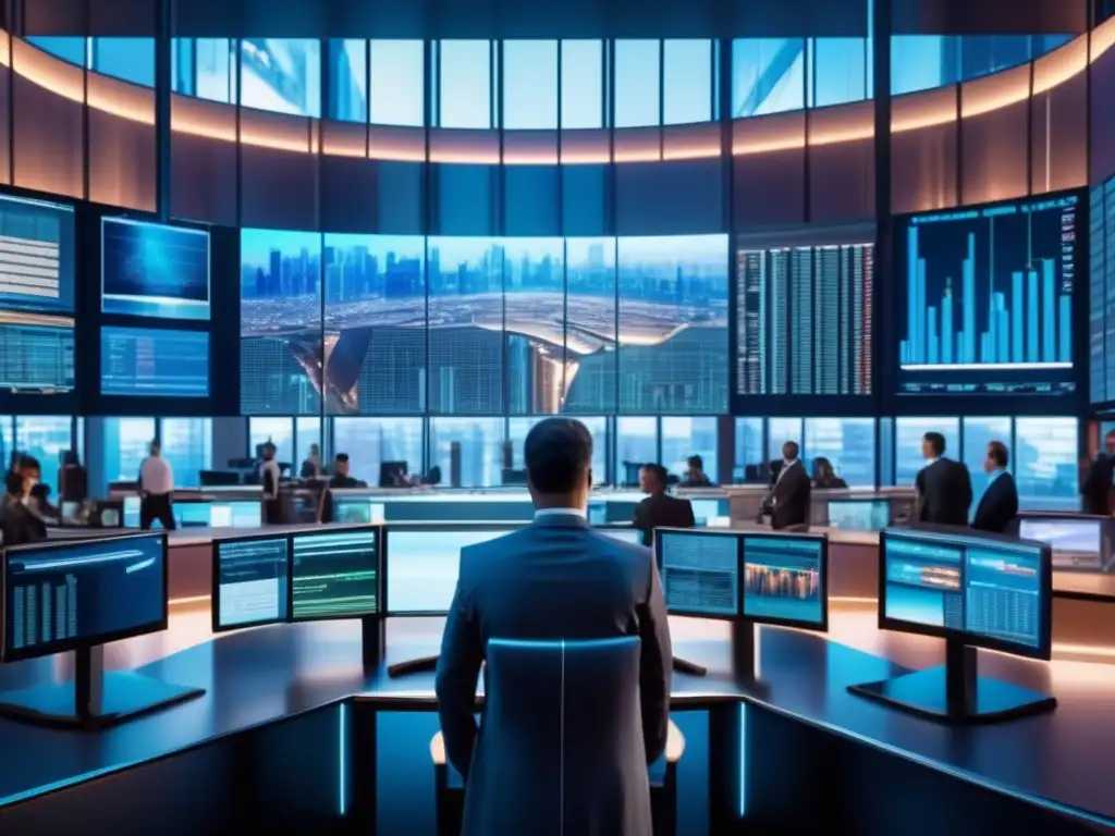 Mercado financiero futurista Mejor elección de futuros y opciones en un vibrante mercado financiero con arquitectura moderna y tecnología avanzada