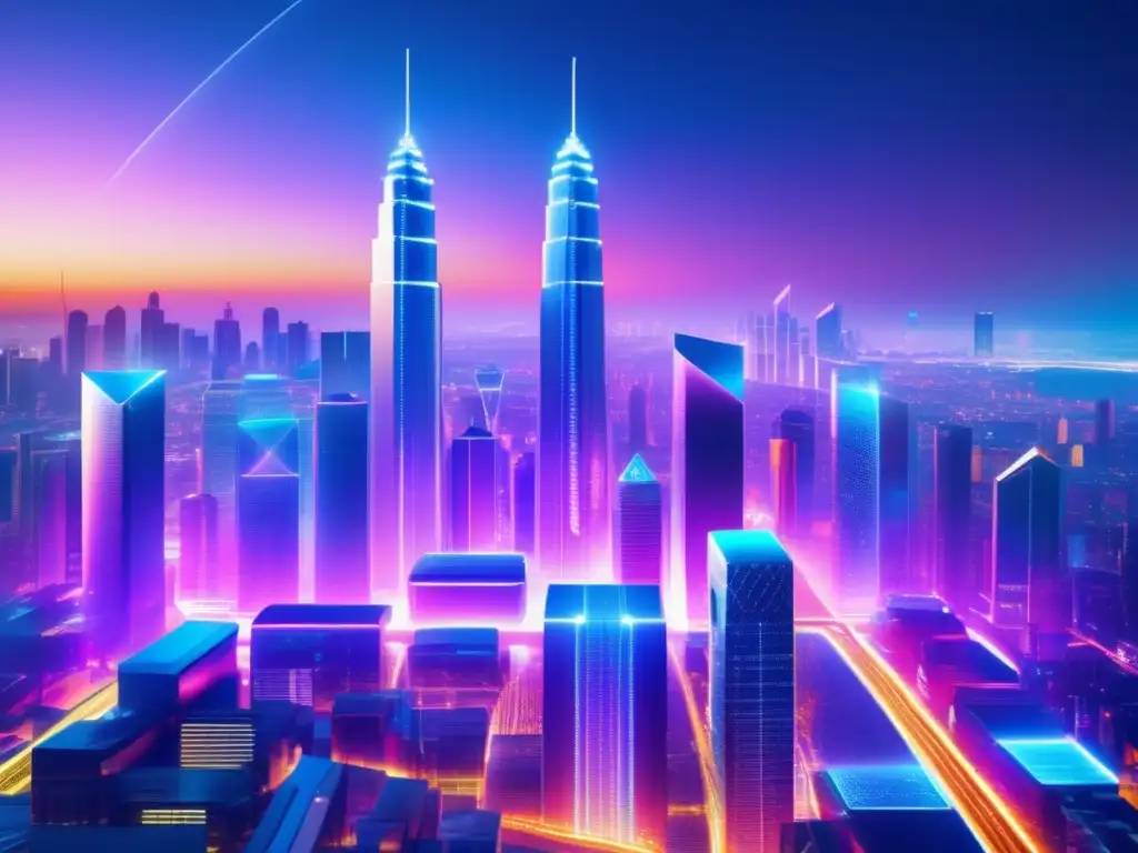 Futurista ciudad con rascacielos de vidrio y metal Mejor plataforma Blockchain para invertir en futurista ciudad con rascacielos de vidrio y metal, iluminada por luces coloridas