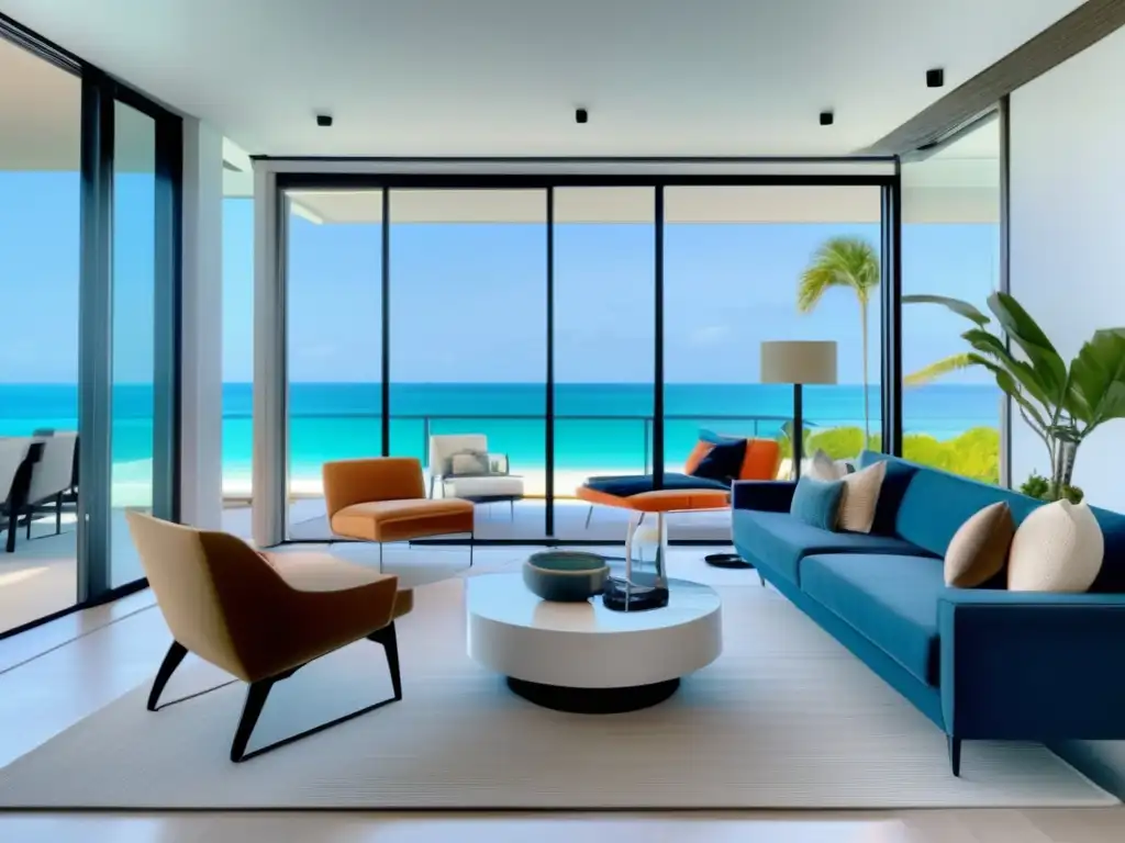 Moderna sala de estar con vista a la playa Mejoras para propiedades vacacionales: sala de estar moderna con vista a la playa