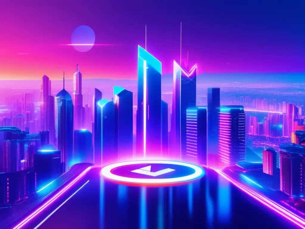 Futurista ciudad con rascacielos luminosos Mejores altcoins para invertir: paisaje digital futurista con rascacielos de vidrio y acero, luces de neón brillantes y símbolos de altcoin destacados