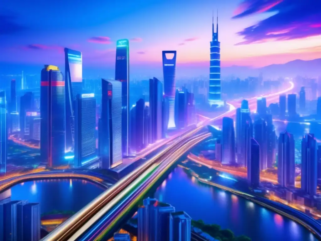 Futuro skyline asiático: progreso y oportunidades Mejores apuestas infraestructura asiática: Futurista ciudad asiática, rascacielos modernos iluminados y tren de alta velocidad