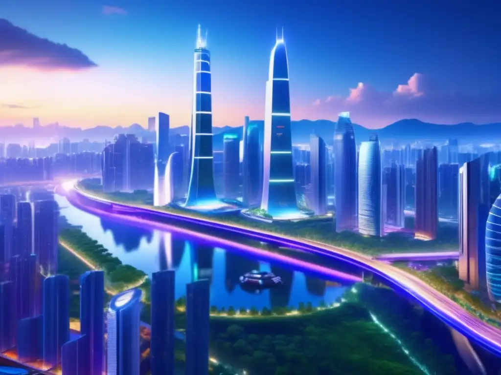 Futurista ciudad asiática con edificios impresionantes Mejores apuestas infraestructura asiática: Futurista ciudad asiática con rascacielos, puentes y transporte avanzado