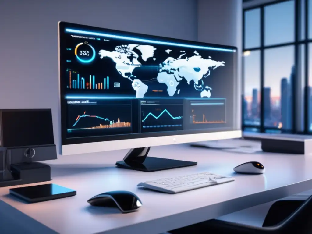 Espacio de trabajo moderno con bot inteligente Mejores bots para invertir en criptomonedas, moderno espacio de trabajo con escritorio elegante y tecnología avanzada