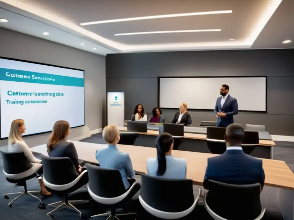 Entrenamiento moderno de servicio al cliente Mejores exchanges atención cliente: entrenamiento moderno y profesional en una sala amplia y luminosa, con diseño contemporáneo