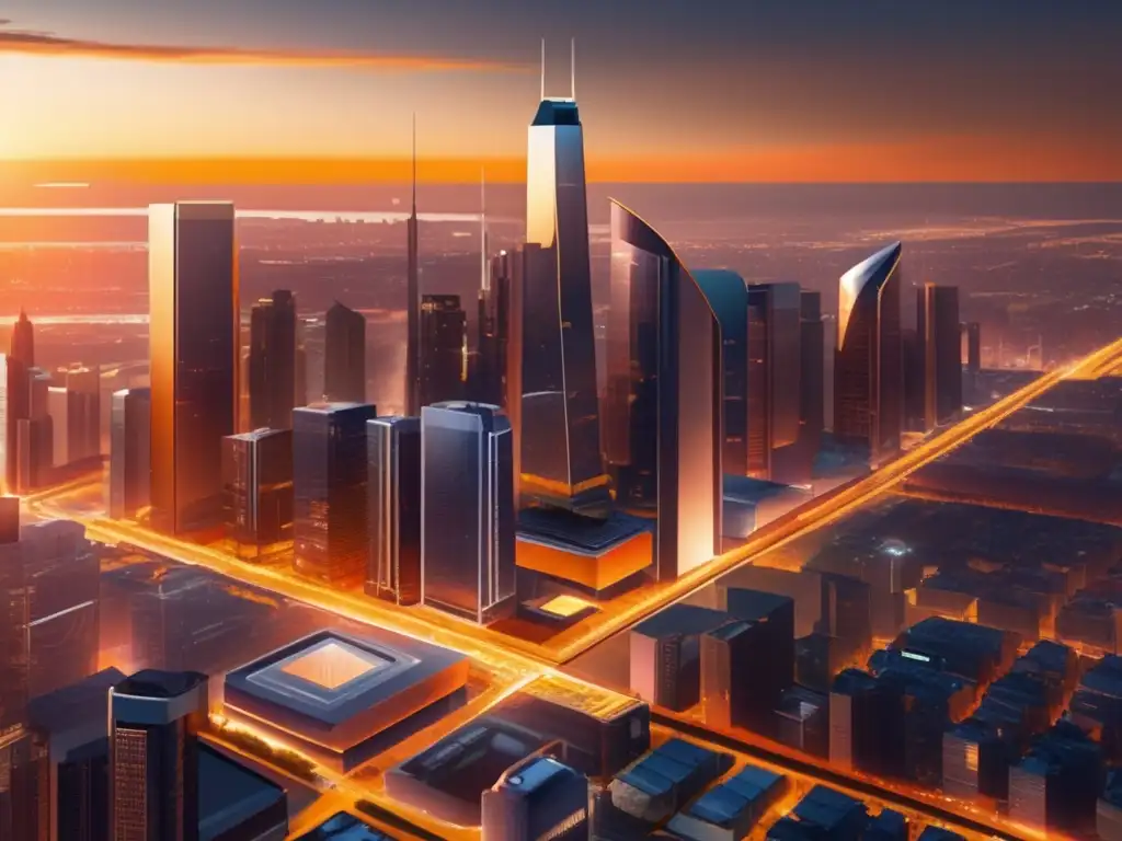 Futuro de industrias A, B y C Mejores industrias para invertir ahora: imagen 8K de ciudad con rascacielos representando industrias A, B y C