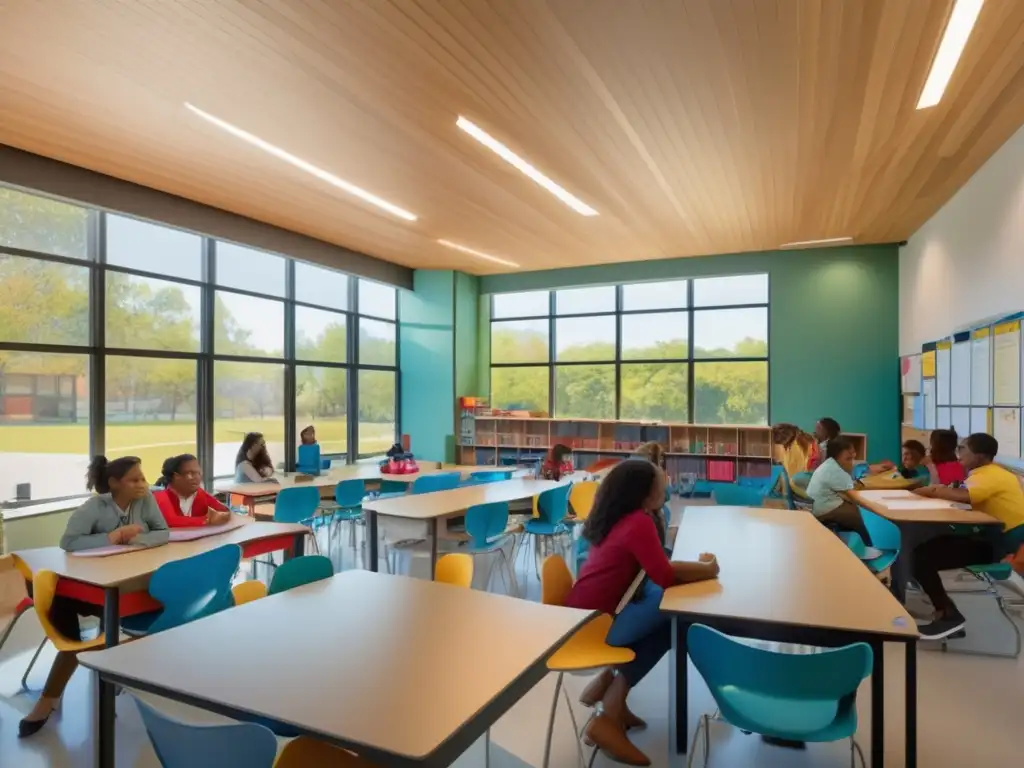 Aula moderna llena de estudiantes y profesores apasionados Mejores inversiones educación y desarrollo social 2023 -