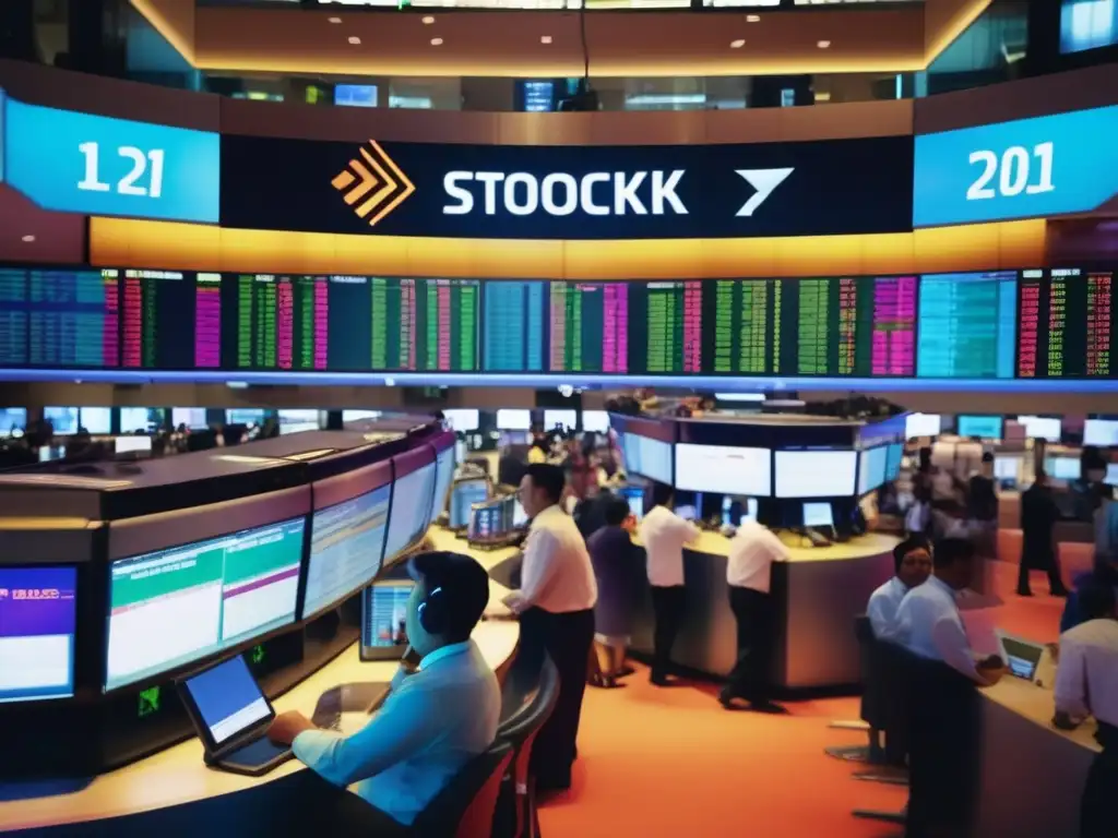 Piso de bolsa abierto y vibrante Mejores momentos para operar en bolsa: imagen vibrante y moderna de la apertura del mercado de valores con traders, gráficos y precios en tiempo real