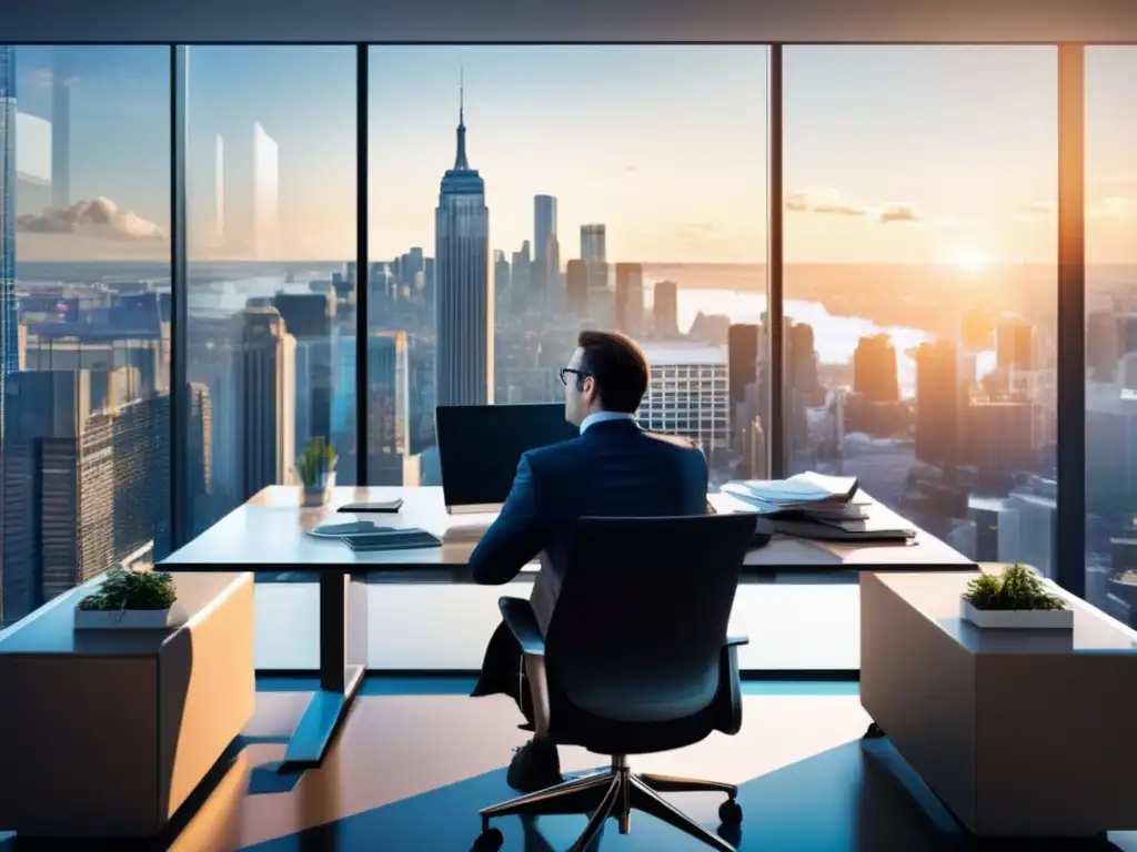 Oficina moderna con vista a la ciudad Mentalidad del inversor exitoso: oficina moderna con vista panorámica de la ciudad, iluminada por luz natural