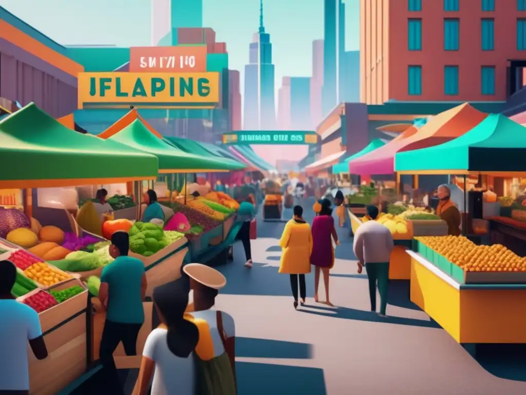 Mercado de comida vegana vibrante y diverso Mercado de alimentos plantbased rentables: una imagen vibrante y detallada muestra un mercado bullicioso con opciones culinarias y económicas