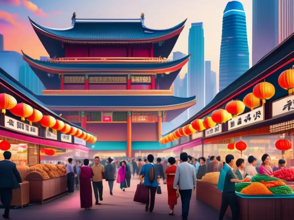 Mercado asiático vibrante y diverso Mercado asiático en auge: colores vibrantes, arquitectura tradicional y moderna, interacción humana, crecimiento económico y políticas gubernamentales