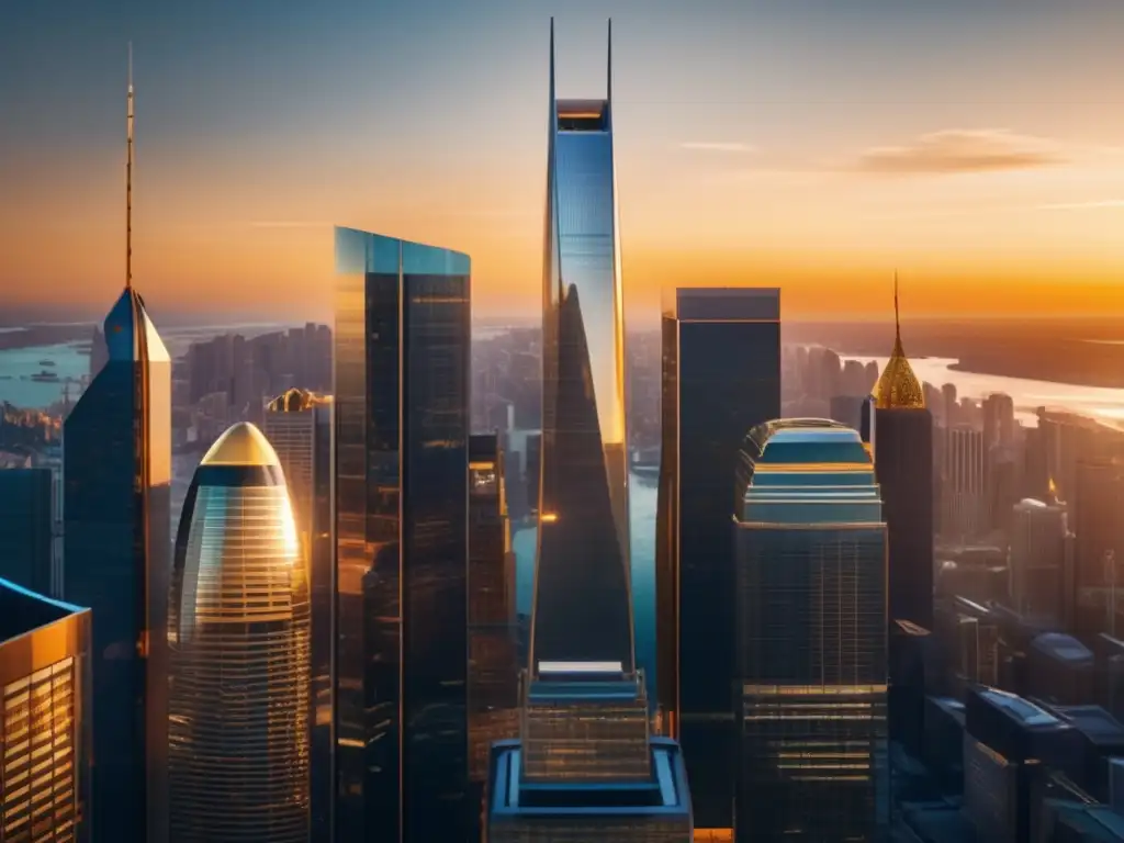 Distrito financiero moderno con rascacielos de vidrio y atardecer dorado Dominar mercado bonos renta fija: imagen impactante de distrito financiero moderno con rascacielos de cristal reflejando tonos dorados del atardecer