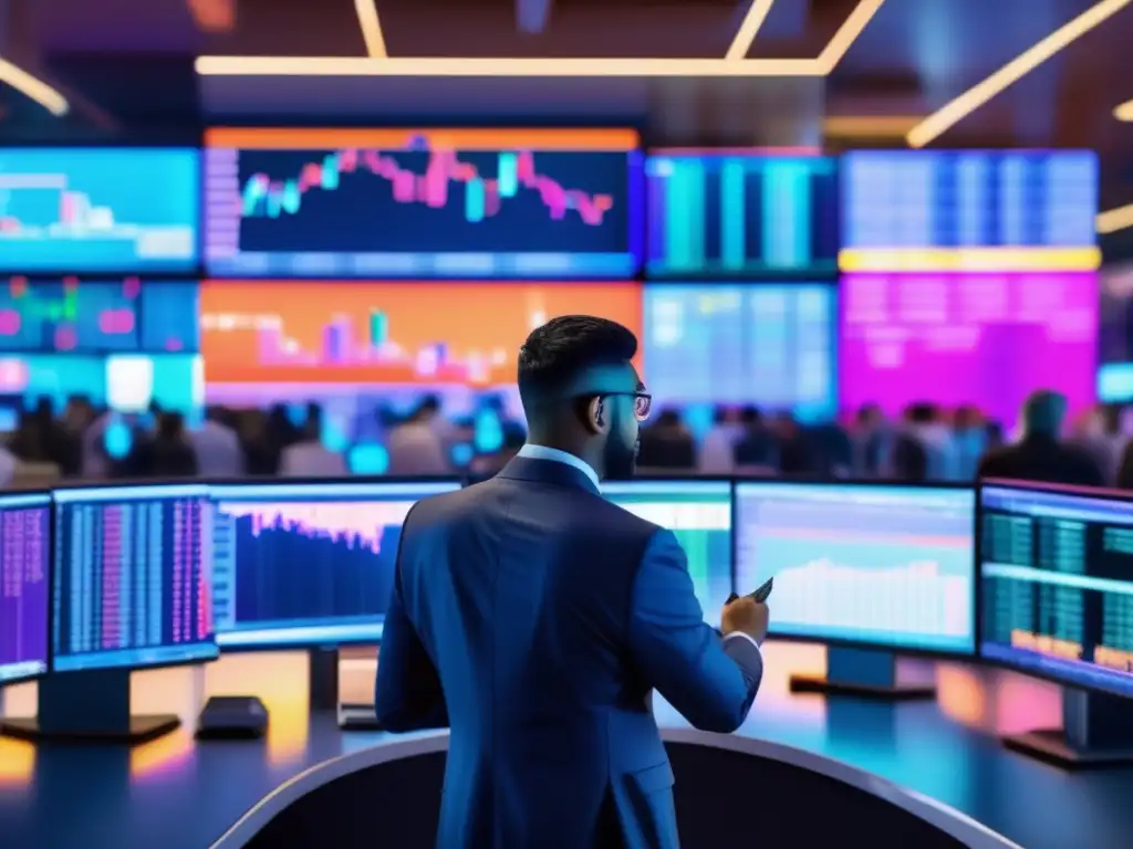 Piso de bolsa vibrante y moderno Mercado bursátil vibrante y moderno, traders en trajes gestando y comunicándose en un piso iluminado por luces de instituciones financieras