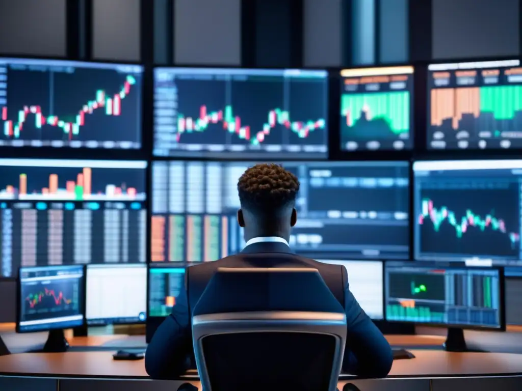 Trader profesional en moderno escritorio de trading Trader analizando mercado con estrategias de swing trading