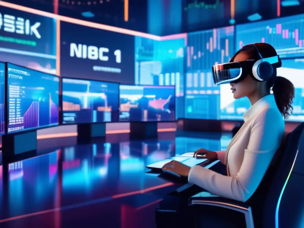 Mercado financiero futurista con tecnología avanzada Mercado financiero futurista con rascacielos de vidrio y acero, actividad bulliciosa, pantallas holográficas con datos y gráficos en el aire