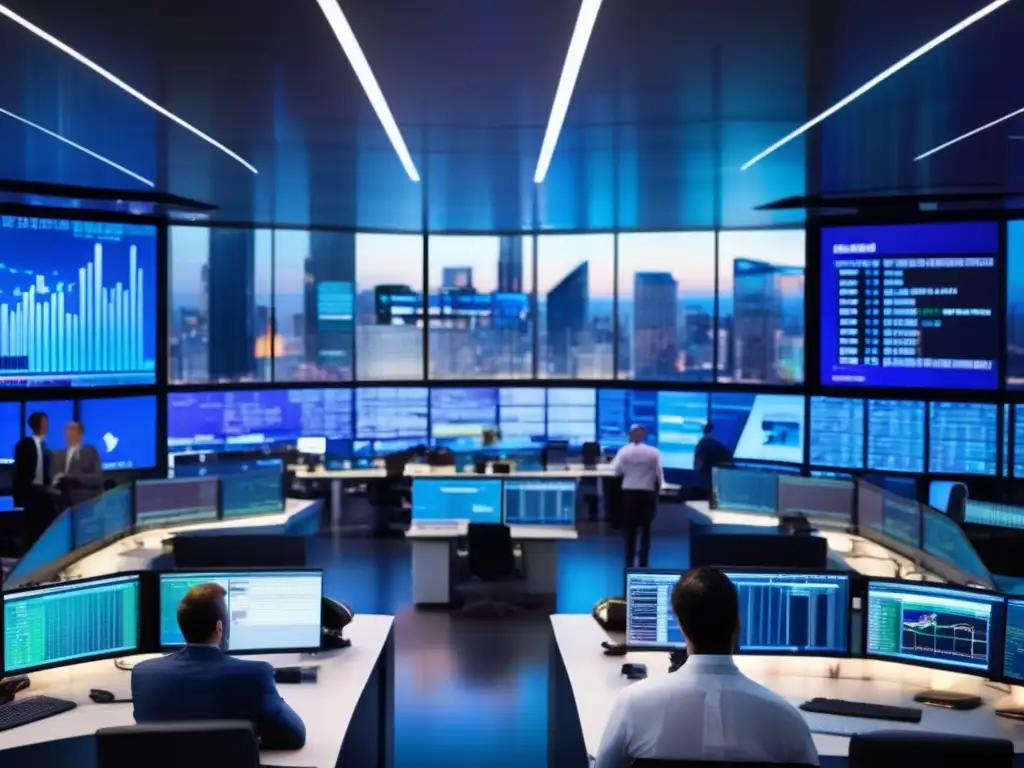 Piso de trading financiero moderno Mercado financiero moderno con traders en trajes monitorean pantallas, discuten y toman decisiones