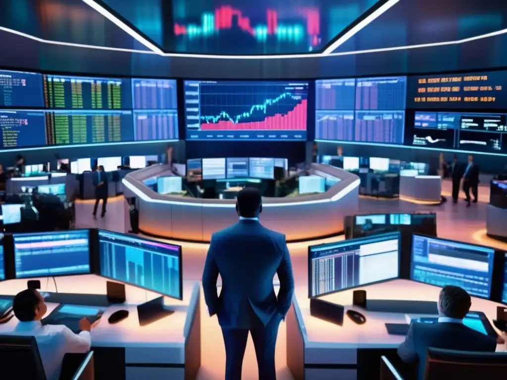 Stock Exchange Floor: Energía y dinamismo del mercado financiero Mercado financiero: traders analizando gráficos y transacciones, destacando principios Dow
