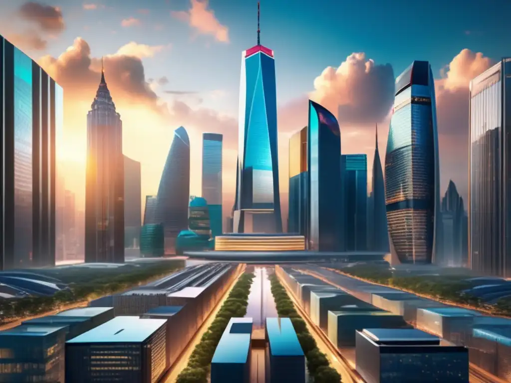 Mercado global: negociaciones, rascacielos y alianzas Mercado global con torres simbolizando economías y negociaciones, reflejando el impacto de las guerras comerciales en la inversión internacional