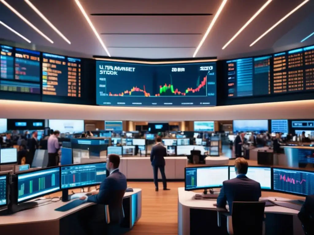 Traders focalizados en trading de valores Interpretación mercado principios Dow - Moderna sala de operaciones con traders en trajes monitorean pantallas de precios y gráficos en tiempo real