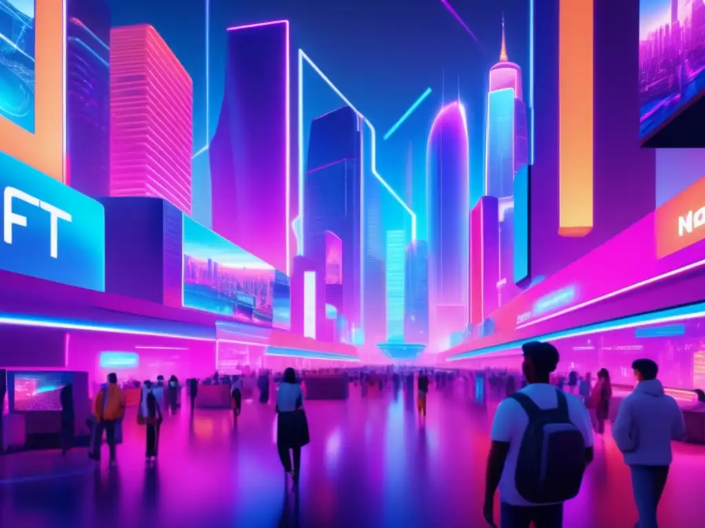 Futuro mercado digital de NFTs Mercado NFT de plataformas criptomonedas: Imagen 8K detallada de una futurista ciudad virtual con rascacielos holográficos y obras de arte NFT