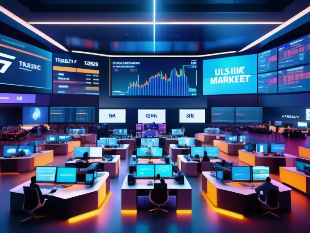 Piso de bolsa moderno y vibrante Interpretación mercado principios Dow: Sala de operaciones moderna y vibrante con traders analizando datos y tomando decisiones