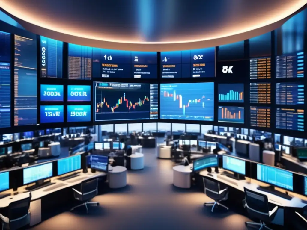 Mercado de valores moderno y dinámico Predicción mercado: Trading floor moderno y dinámico con traders analizando gráficos y haciendo transacciones
