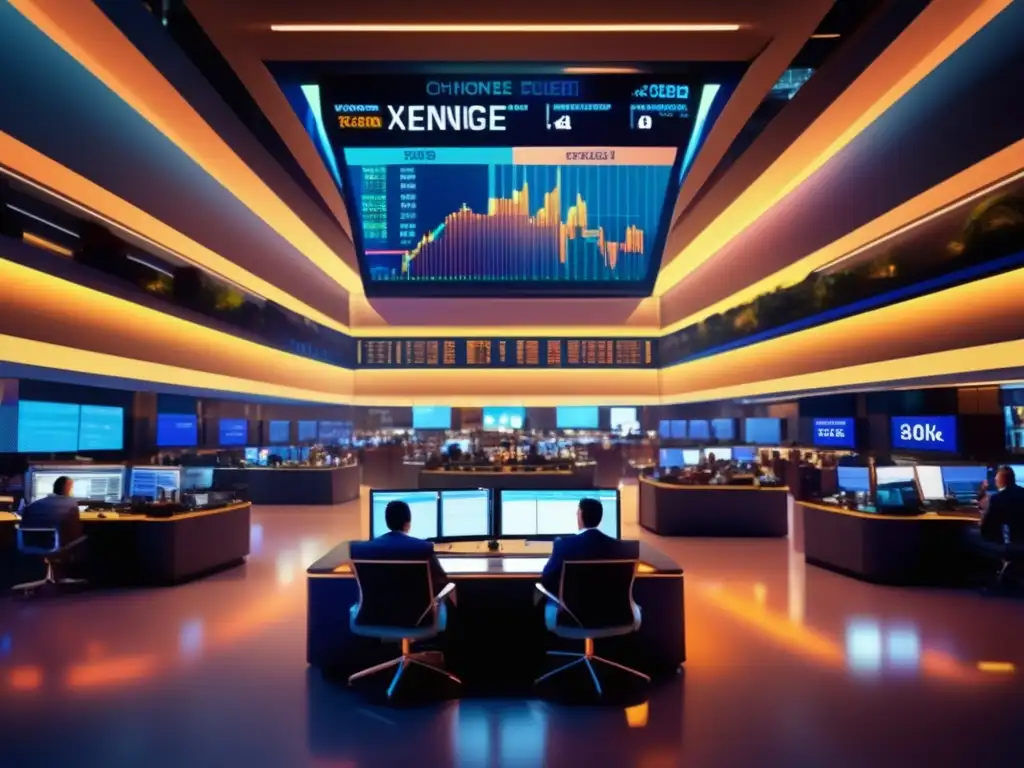 Caótico piso de bolsa con traders y pantallas digitales Mercado de valores vibrante: Impacto de guerras en mercados financieros