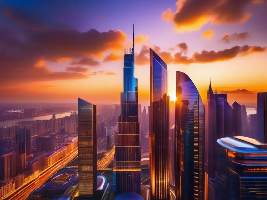 Futuroso horizonte urbano en atardecer Guía inversión en mercados emergentes: Ciudad futurista, rascacielos dorados, atardecer vibrante, actividad frenética