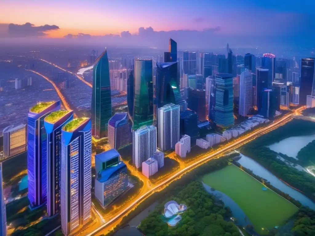 Ciudad vibrante al atardecer Guía inversión mercados emergentes: Ciudad moderna con rascacielos, luces vibrantes y potencial de crecimiento