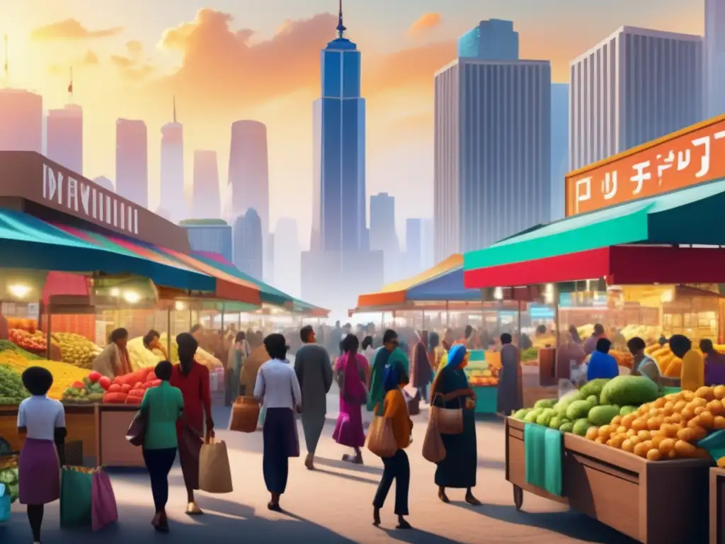 Mercado vibrante en economía emergente Transformación en mercados emergentes: escena de mercado bullicioso con clase media