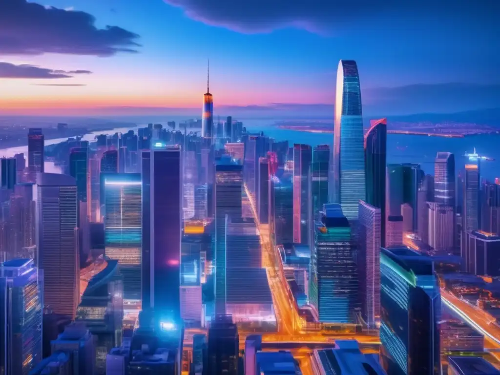 Ciudad moderna llena de rascacielos iluminados Mercados emergentes inmobiliarios rentables: ciudad moderna al atardecer con rascacielos iluminados, arquitectura diversa y energía vibrante
