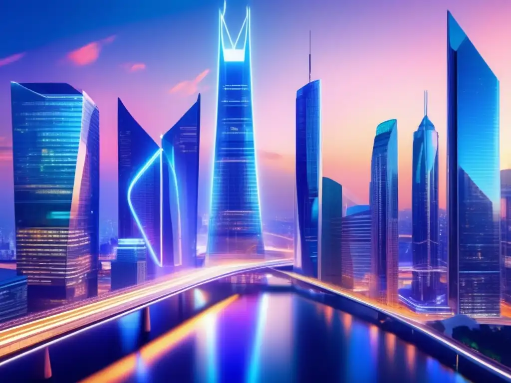 Futurista ciudad financiera Interconexión de mercados financieros en una ciudad futurista con rascacielos de cristal y acero, puentes iluminados y gente de negocios