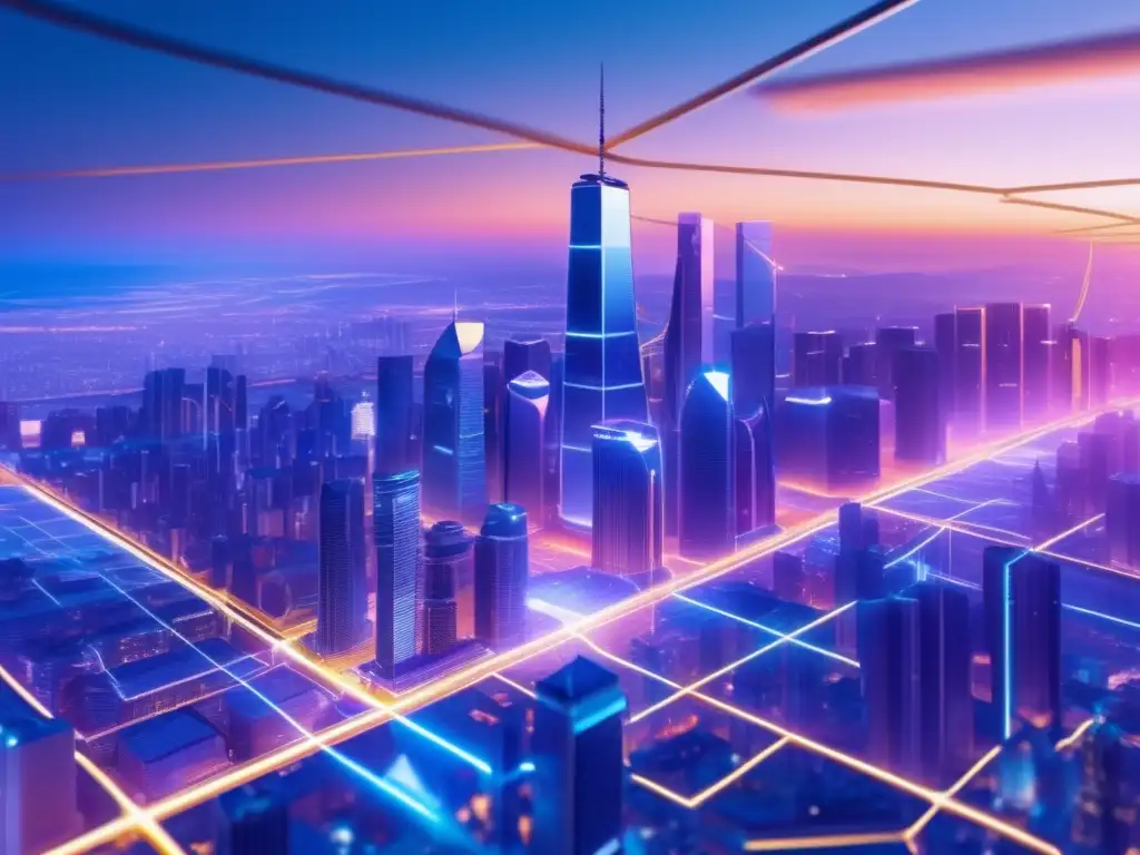 Futurista ciudad con rascacielos y criptomonedas Interconexión de mercados financieros en una futurista ciudad con rascacielos brillantes, redes de conexiones y gráficos de criptomonedas