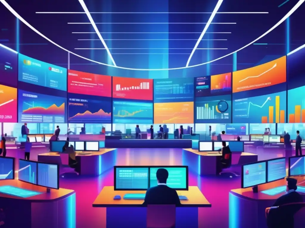 Mercado financiero futurista y vibrante Mercados financieros: Moderna escena de un trading floor futurista con gráficos y discusiones intensas