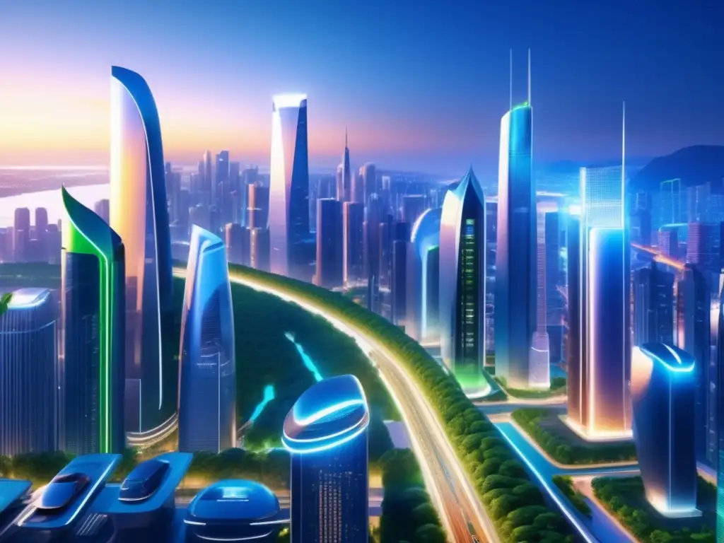 Ciudad futurista con rascacielos verdes Mercados inmobiliarios de la próxima década: Futurista ciudad con rascacielos, arquitectura eco y naturaleza