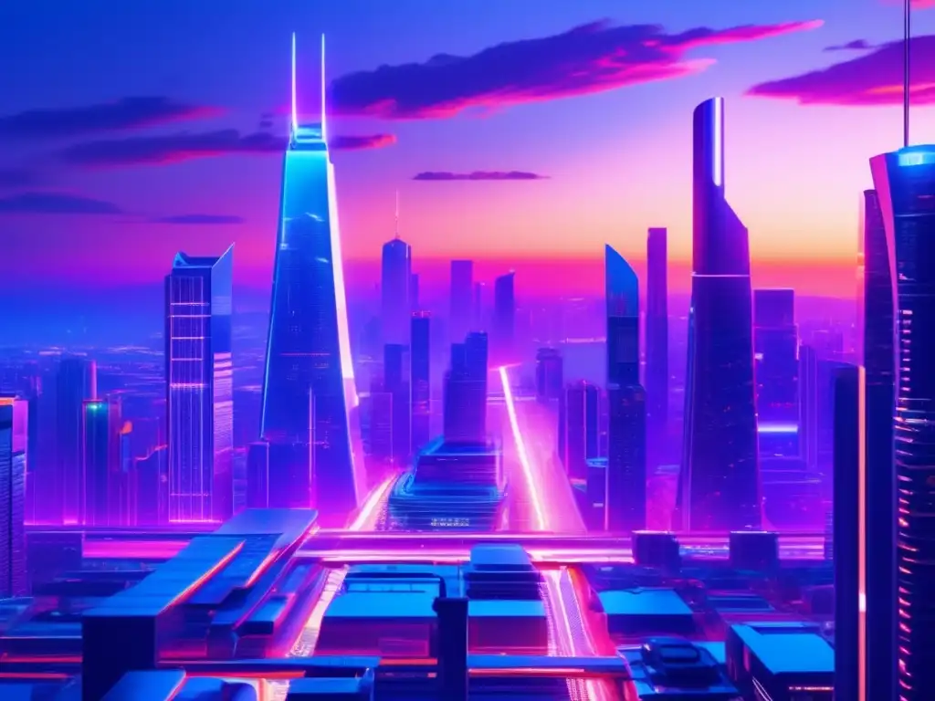Futuroso horizonte urbano en 8k Mercados inmobiliarios de la próxima década: Ciudad futurista con rascacielos de vidrio y acero, iluminada por luces de neón