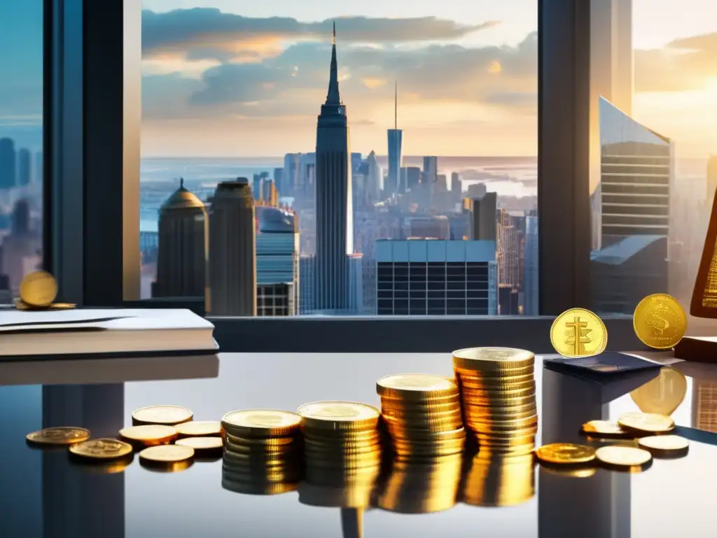 Escritorio moderno con símbolos de supersticiones y riqueza Mesa de oficina moderna con vista a la ciudad, monedas doradas, espejo roto, gato negro y chile rojo